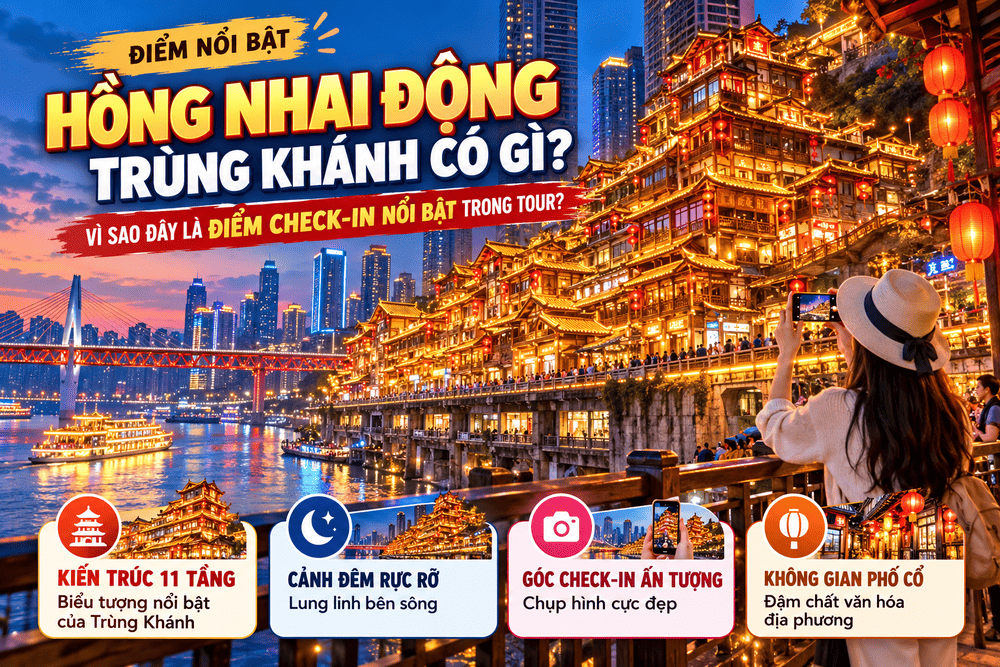 Hồng Nhai Động Trùng Khánh có gì? Khám phá kiến trúc 11 tầng, cảnh đêm rực rỡ và những góc check-in nổi bật trong tour Trung Quốc.